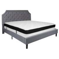 Flash Furniture SL-BMF-12-GG Brighton King Size Tufted Upholstered Platform Bed in Light Gray Fabric with Memory Foam Mattress